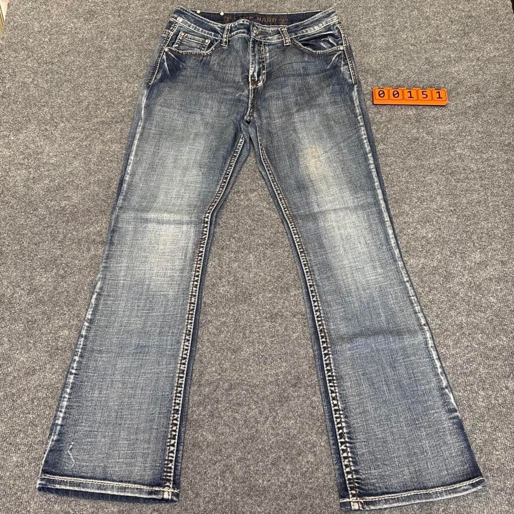 Live Hard Jeans Blue denim with faded wash, distressed details, bootcut size 12.